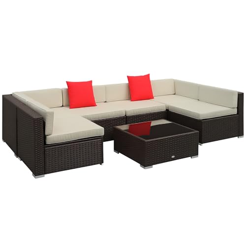 Outsunny seven-piece wicker outdoor sectional set with cushions and table