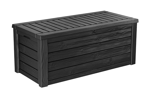 Large outdoor deck box used to organize dry pool towels, cushions and poolside accessories.