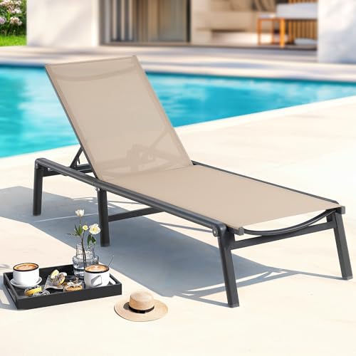 Aluminum chaise lounge selected to illustrate poolside furniture material and drainage choices.
