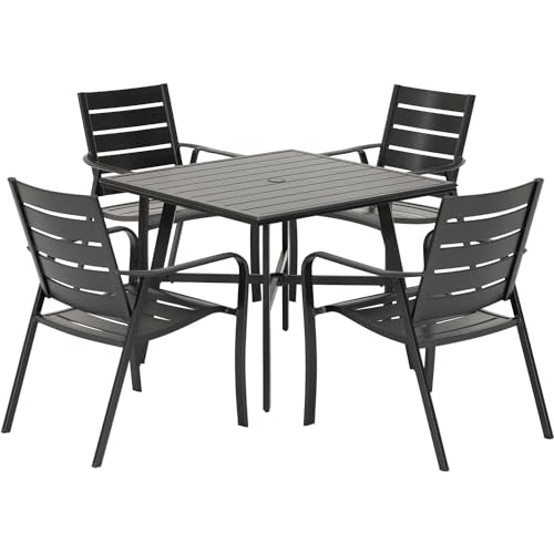 Commercial patio dining set used to illustrate furniture planning for wind-prone outdoor spaces.