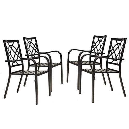 Stackable metal patio dining chairs with armrests for seat-height comparison
