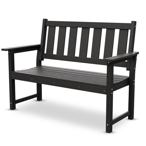 Poly lumber outdoor bench for a commercial versus residential patio furniture comparison.