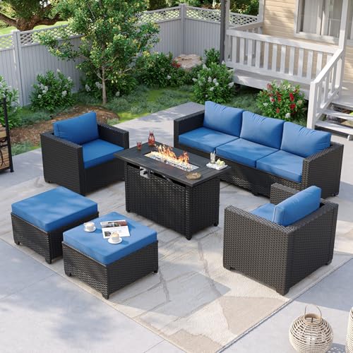 Aoxun Patio Furniture Set with Fire Pit Table, 6 Piece Outdoor Furniture Set with Wicker Ottomans