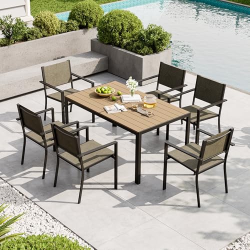 Aoxun outdoor dining table and six chairs on a patio.