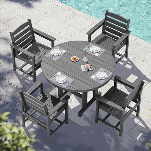 SERWALL round HDPE patio dining table with four outdoor chairs.