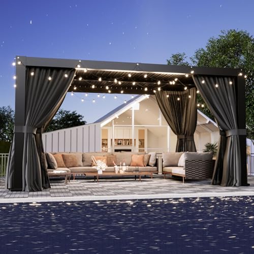 Aoxun aluminum louvered pergola with curtains over a patio seating area.