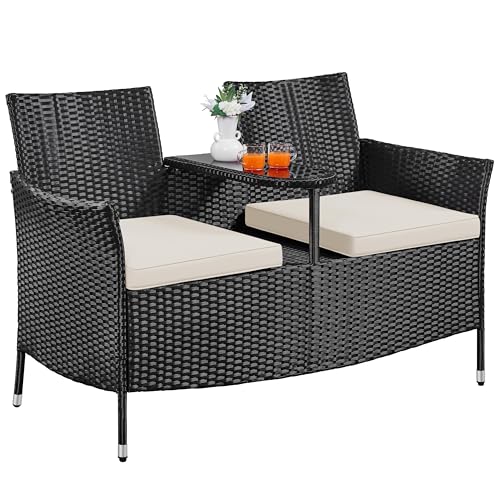 Yaheetech outdoor wicker loveseat with cushions and a side table for a compact patio
