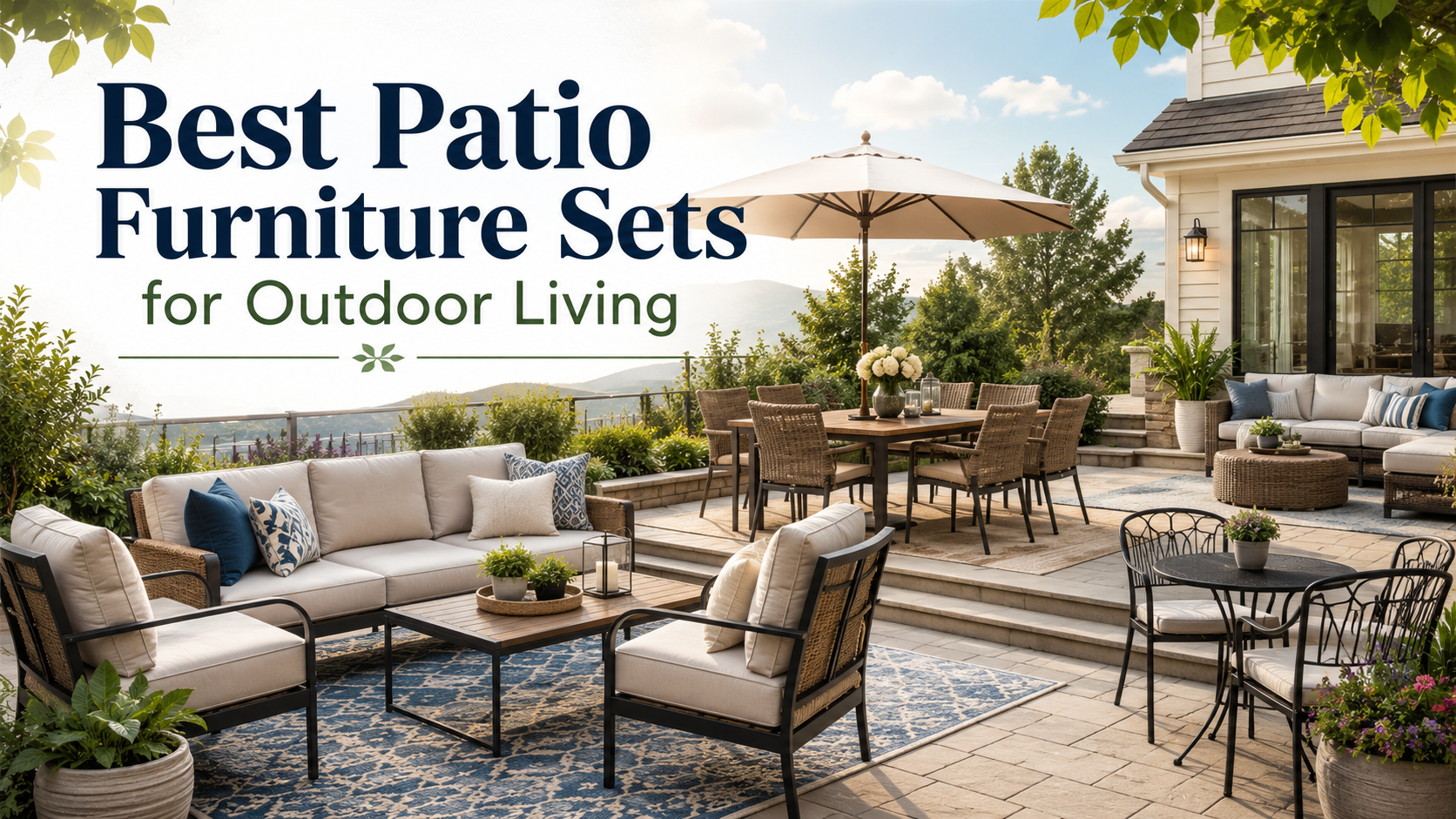 Patio furniture sets buying guide image showing outdoor sofa, cushioned chairs, coffee table, dining set, umbrella, rug, plants, and a finished backyard outdoor living space.
