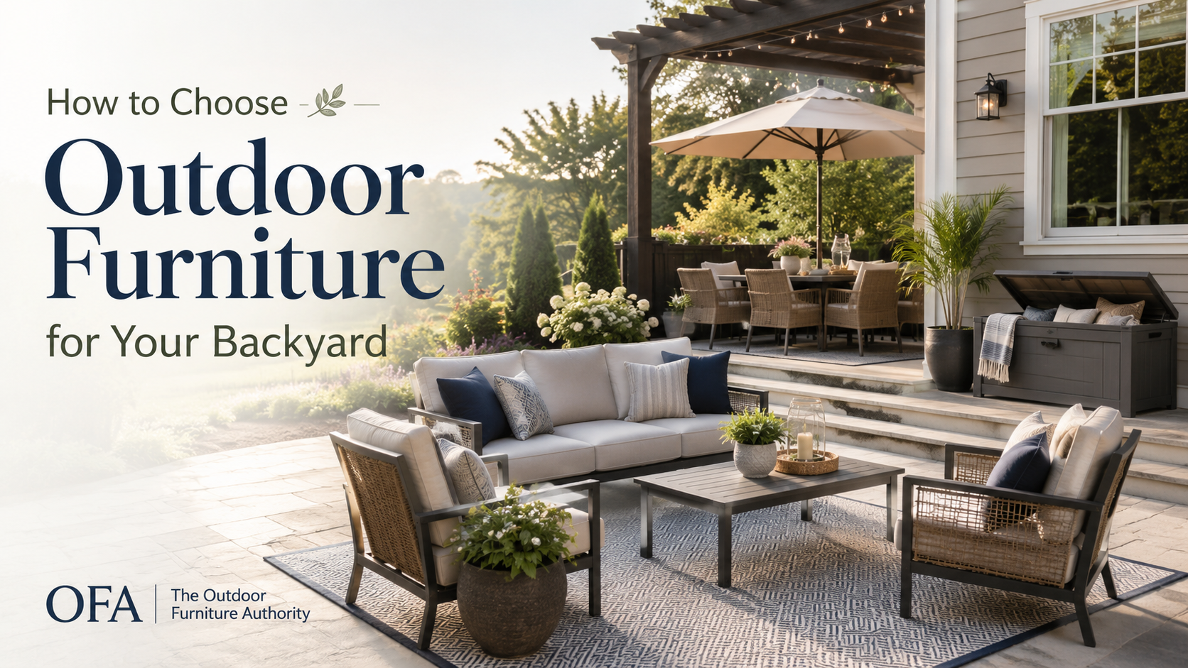 Backyard patio furniture buying guide image showing outdoor seating, patio table, cushions, umbrella, rug, plants, and a finished outdoor living space.