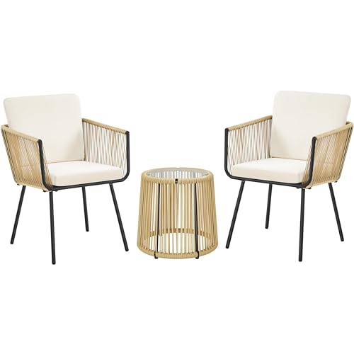 Yaheetech wicker bistro set with two cushioned chairs and a small table