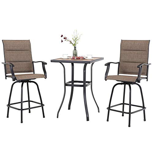 Outdoor bar furniture set with a high-top patio table and two bar-height chairs.