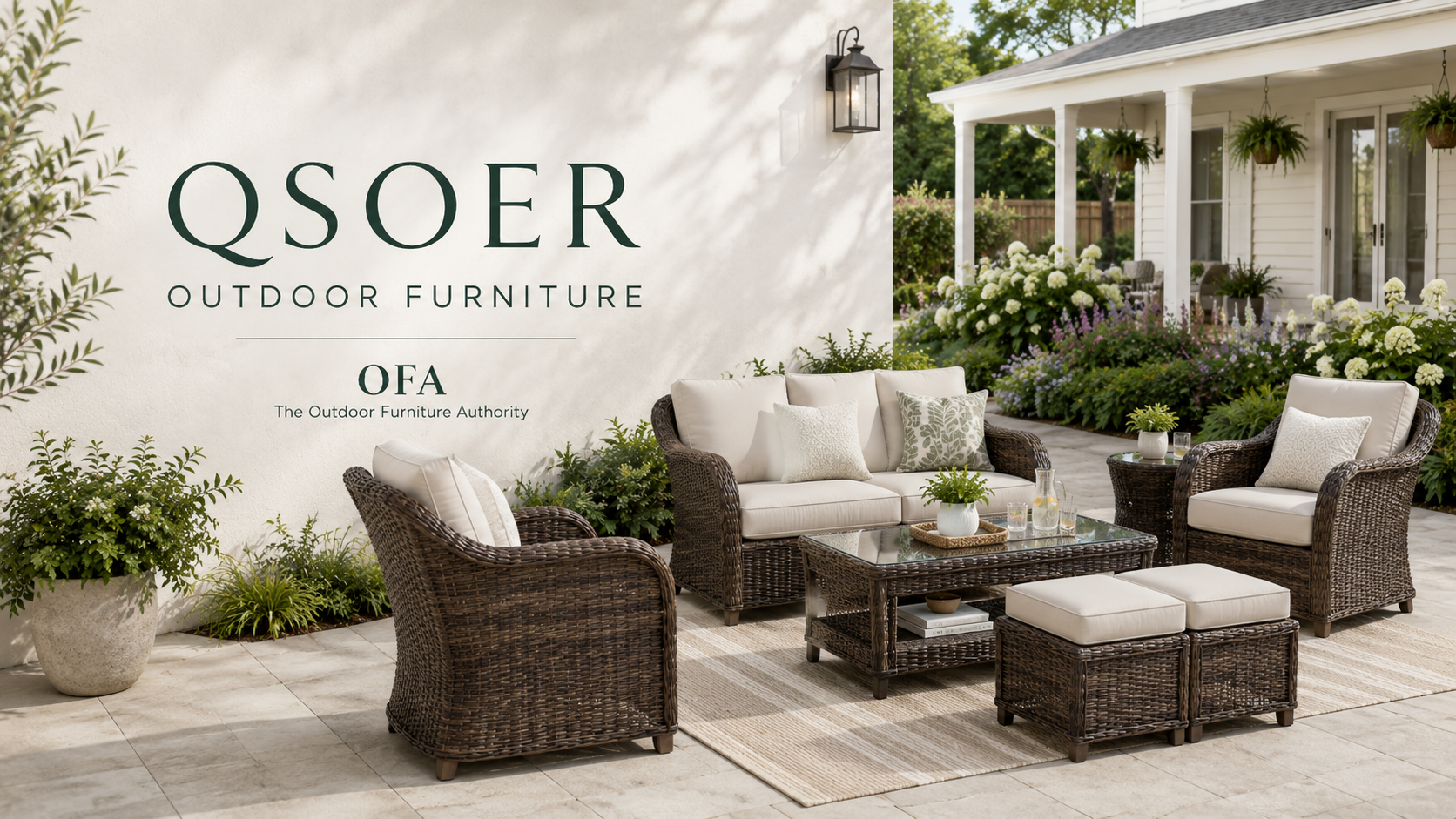 Qsoer outdoor furniture collection image showing wicker patio conversation set, loveseat, cushioned chairs, ottomans, backyard seating, and outdoor living space with Qsoer brand name text.