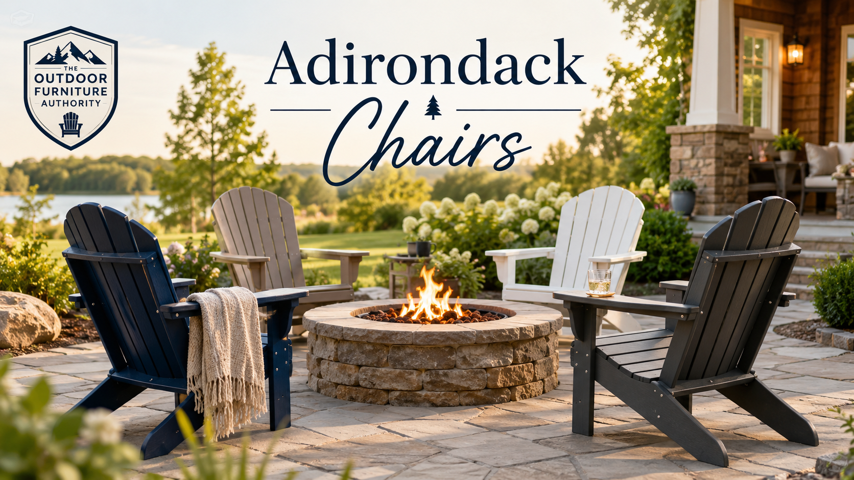 Adirondack chairs collection image showing outdoor Adirondack chairs arranged around a stone fire pit with backyard garden landscaping, porch seating, and The Outdoor Furniture Authority logo.