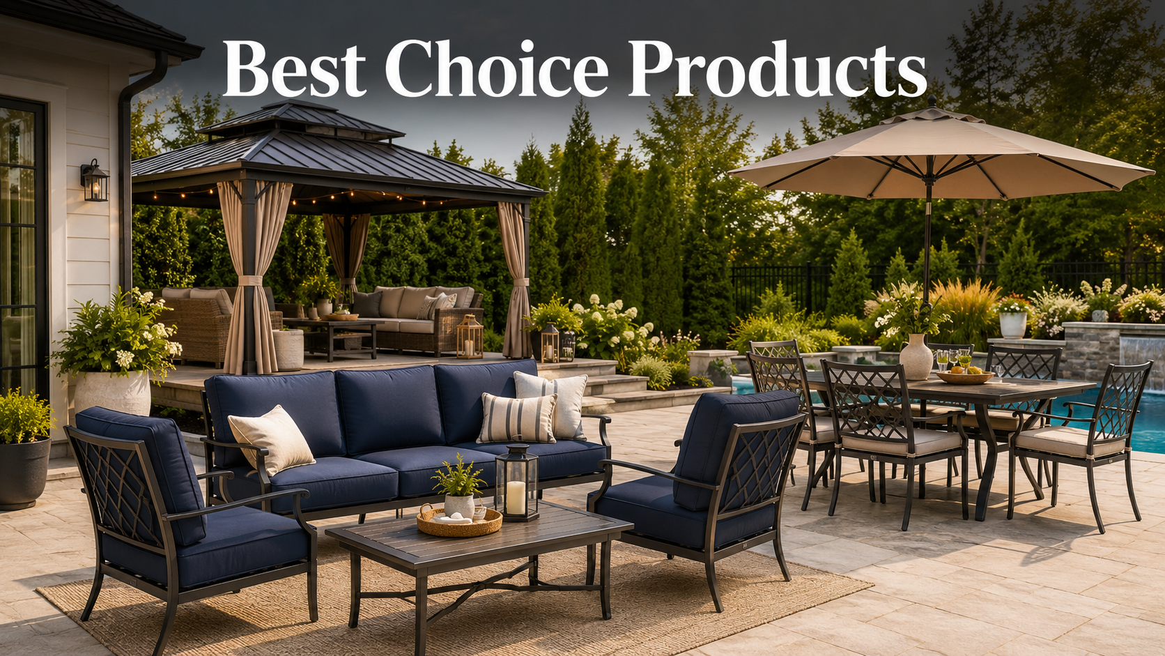 Best Choice Products outdoor furniture collection image showing patio seating set, dining table, umbrella, gazebo, poolside backyard furniture, and landscaped outdoor living space with brand name text.