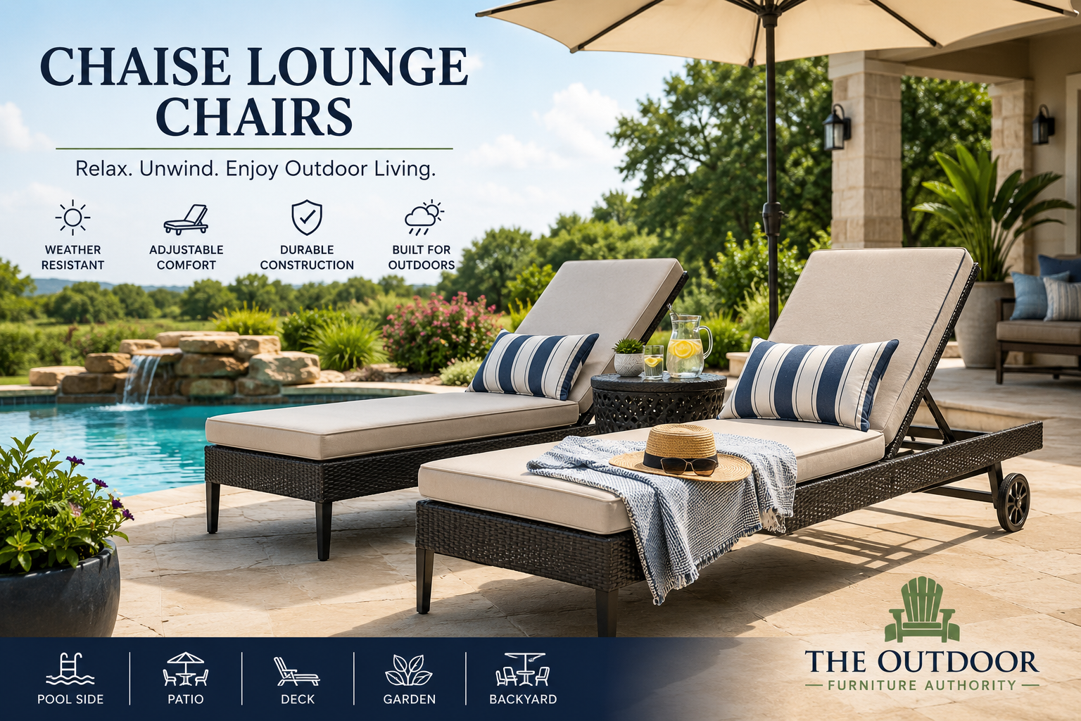 Chaise lounge chairs collection image showing two cushioned outdoor chaise lounges beside a pool with patio umbrella, side table, garden landscaping, and The Outdoor Furniture Authority logo.