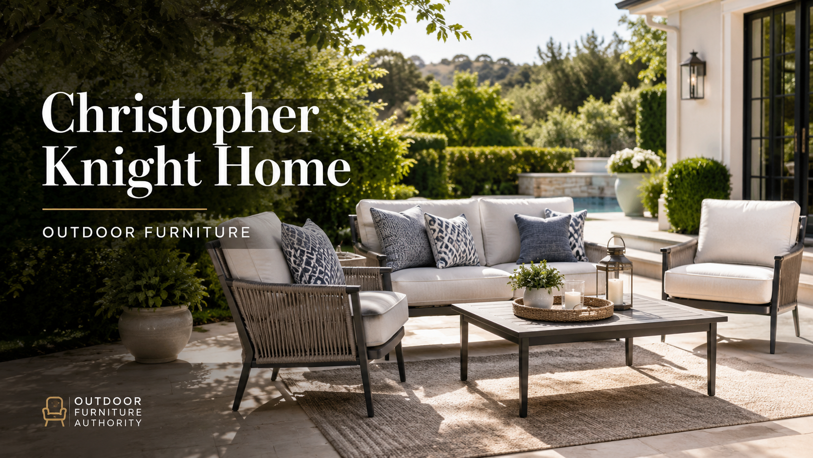 Christopher Knight Home outdoor furniture collection image showing cushioned patio chairs, outdoor sofa, coffee table, outdoor rug, garden landscaping, and backyard seating with brand name text.