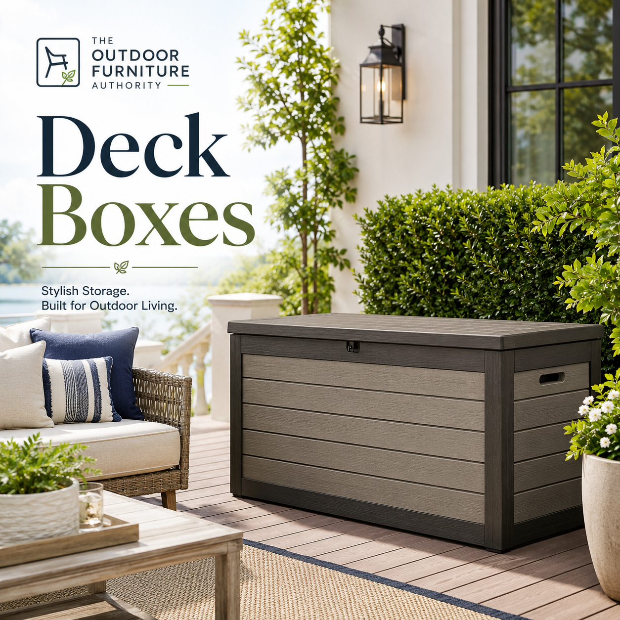 Deck boxes collection image showing a large outdoor storage deck box on a patio with cushioned seating, garden plants, porch decor, and The Outdoor Furniture Authority logo.
