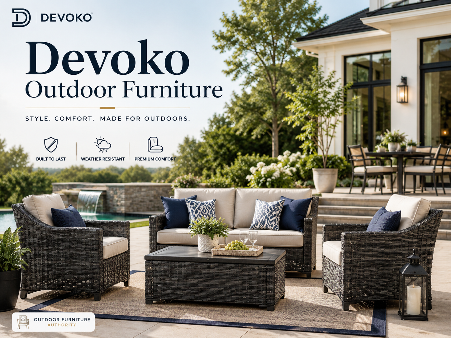 Devoko outdoor furniture collection image showing wicker patio chairs, outdoor sofa, coffee table, cushions, poolside seating, and backyard patio furniture with Devoko brand text.
