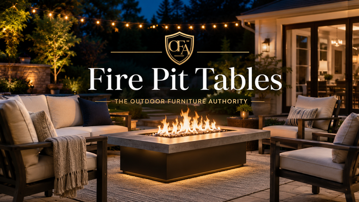 Fire pit tables collection image showing an outdoor fire pit table on a backyard patio at dusk with cushioned seating, string lights, garden landscaping, and The Outdoor Furniture Authority logo.