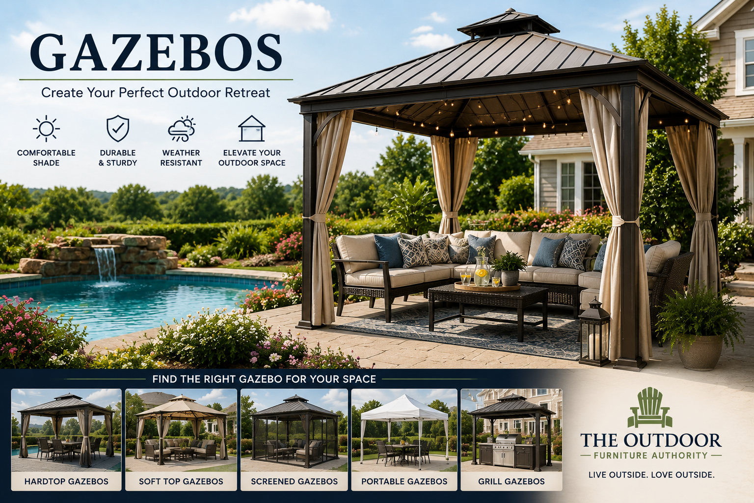 Gazebos collection image showing a backyard patio gazebo with outdoor seating, patio dining set, shaded lounge area, garden landscaping, and The Outdoor Furniture Authority logo.