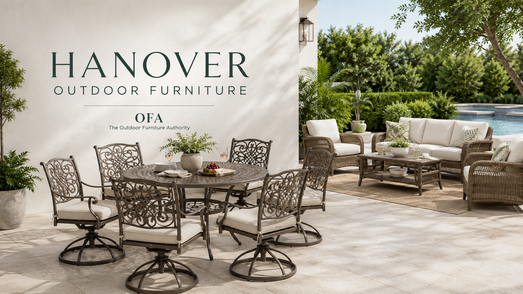 Hanover outdoor furniture collection image showing patio dining set, cushioned outdoor chairs, patio table, umbrella, backyard seating, and outdoor living space with Hanover brand name text.