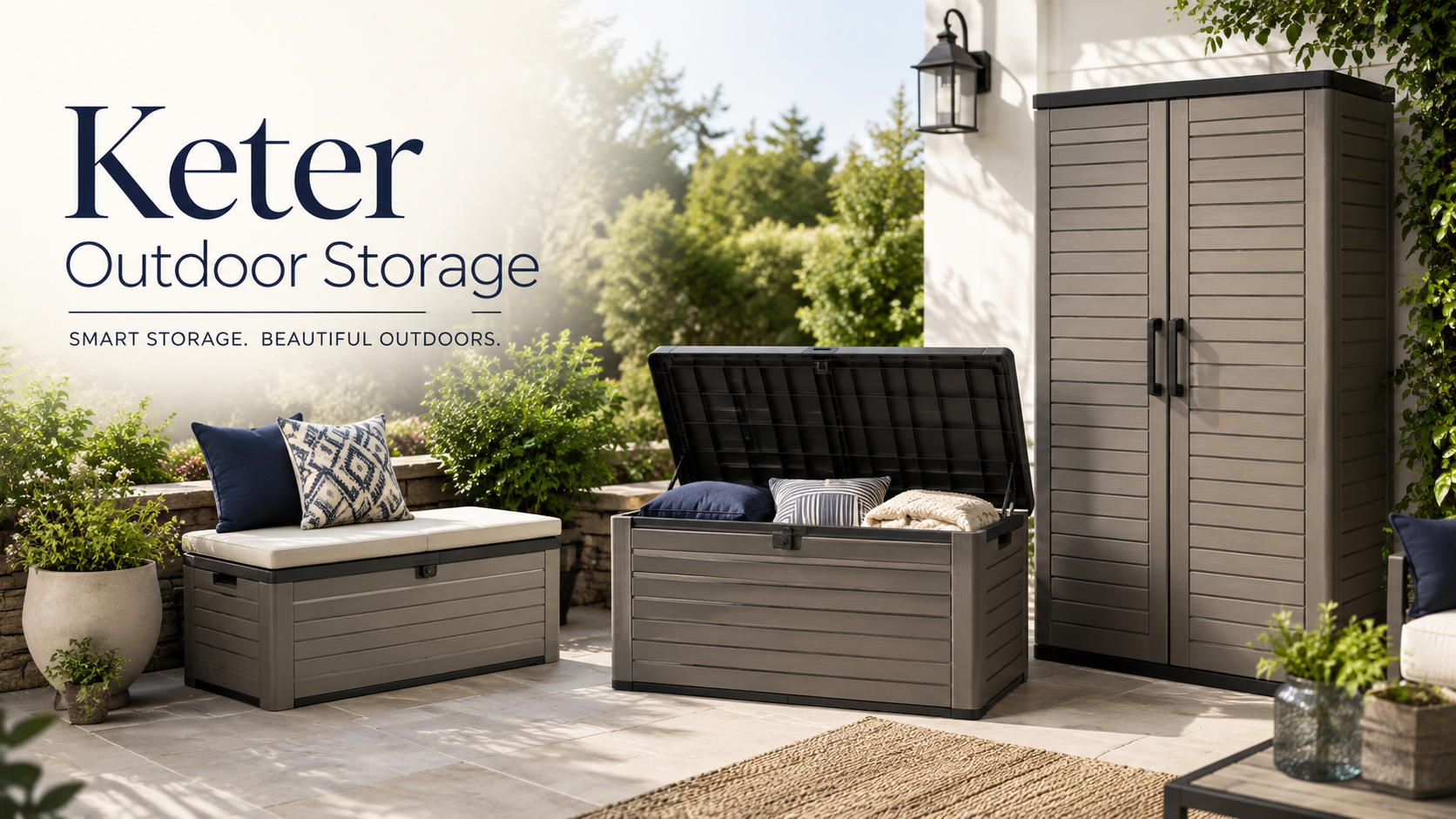 Keter outdoor storage collection image showing deck boxes, patio storage bench, outdoor storage cabinet, cushions, pillows, garden plants, and backyard patio storage with Keter brand text.