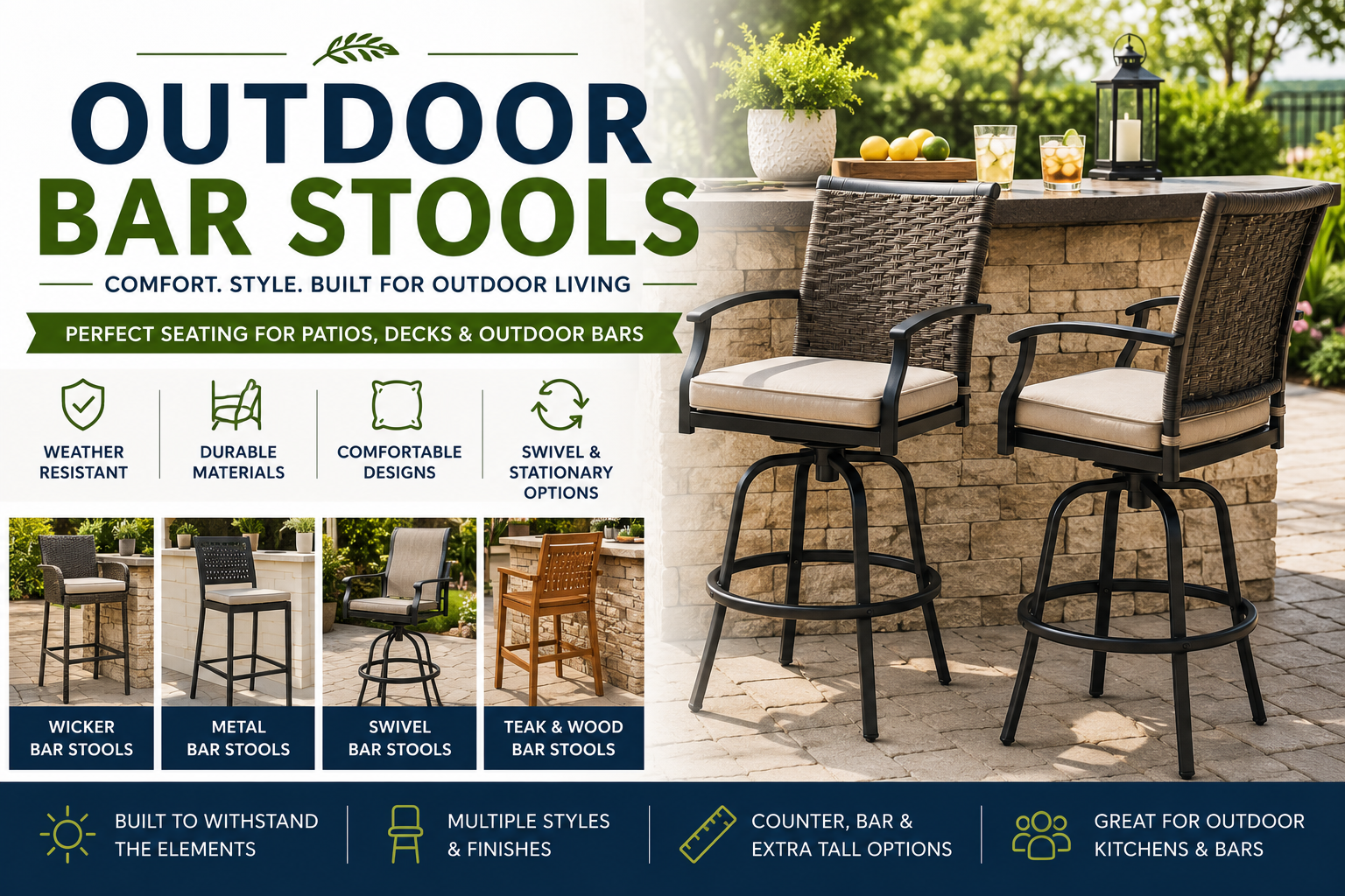 Outdoor Bar Stools collection image featuring patio bar stools, wicker outdoor bar stools, swivel bar stools, metal bar stools, teak bar stools, and outdoor kitchen seating for patios, decks, and poolside bars.