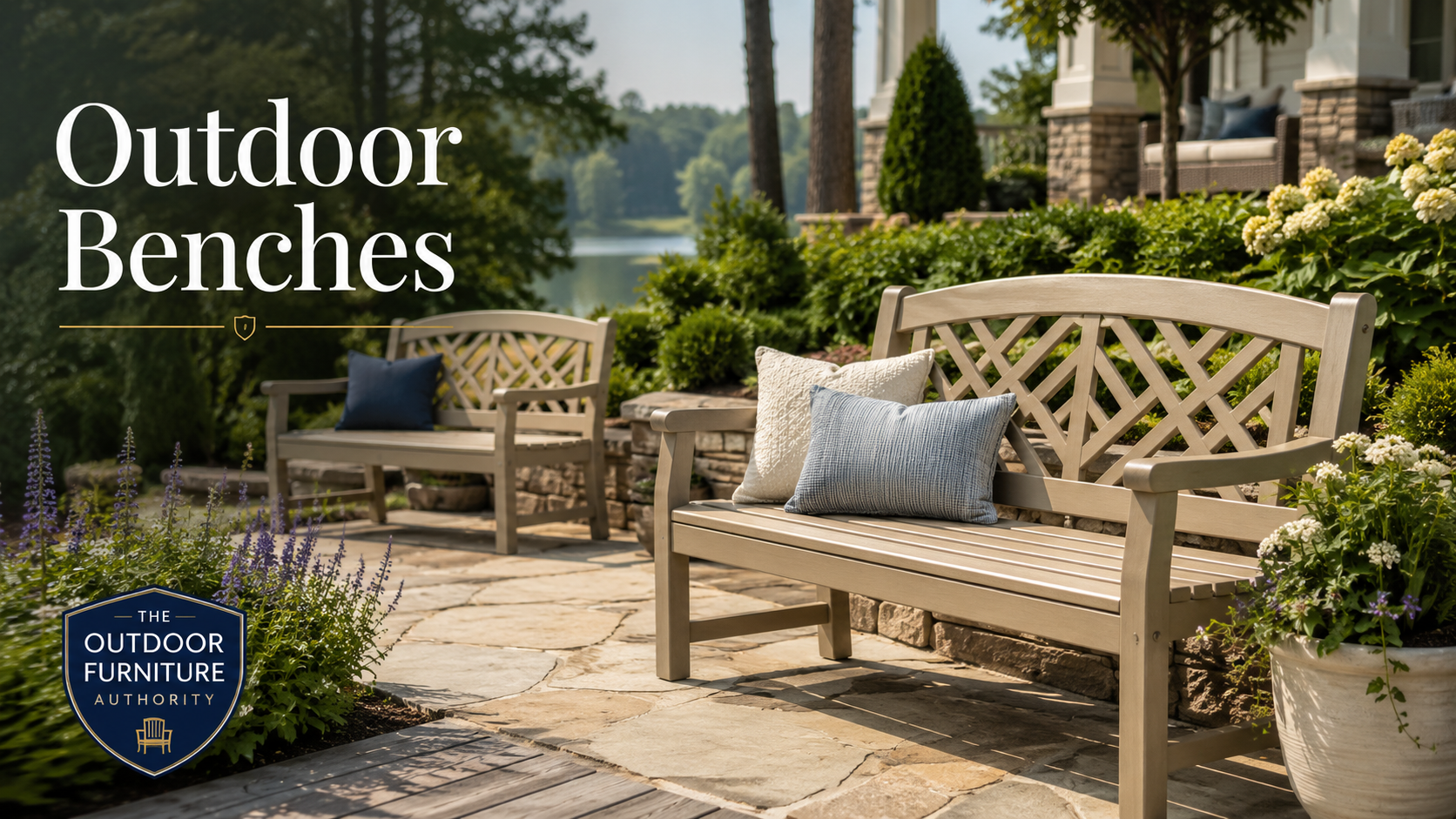 Outdoor benches collection image showing wooden patio benches with cushions in a landscaped garden walkway beside a porch, flowers, greenery, and The Outdoor Furniture Authority logo.