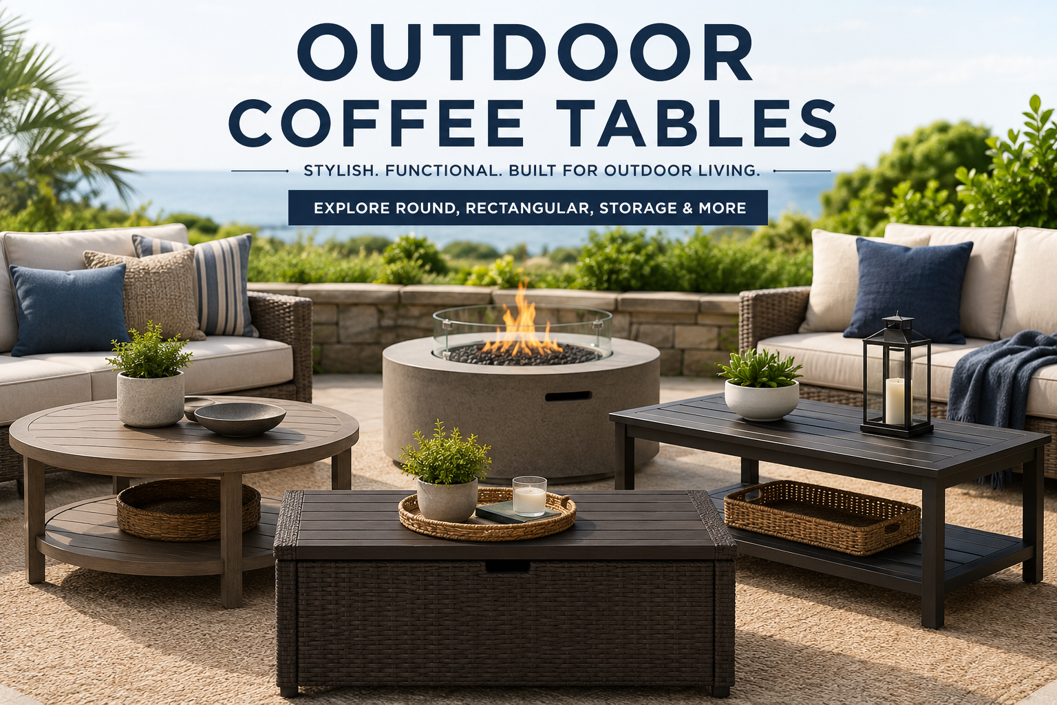 Outdoor Coffee Tables collection image featuring round outdoor coffee tables, outdoor storage coffee tables, wicker patio coffee tables, metal patio tables, teak coffee tables, and modern backyard seating setups.