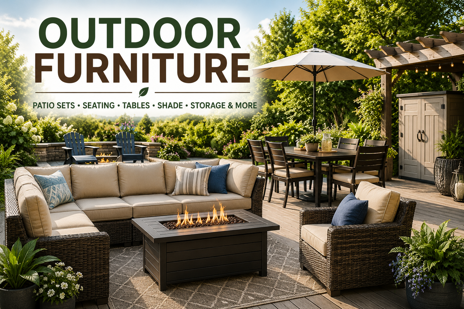 Outdoor furniture collection image showing a backyard patio with wicker sectional seating, fire pit table, patio dining set, umbrella, pergola, outdoor storage cabinet, and garden furniture.