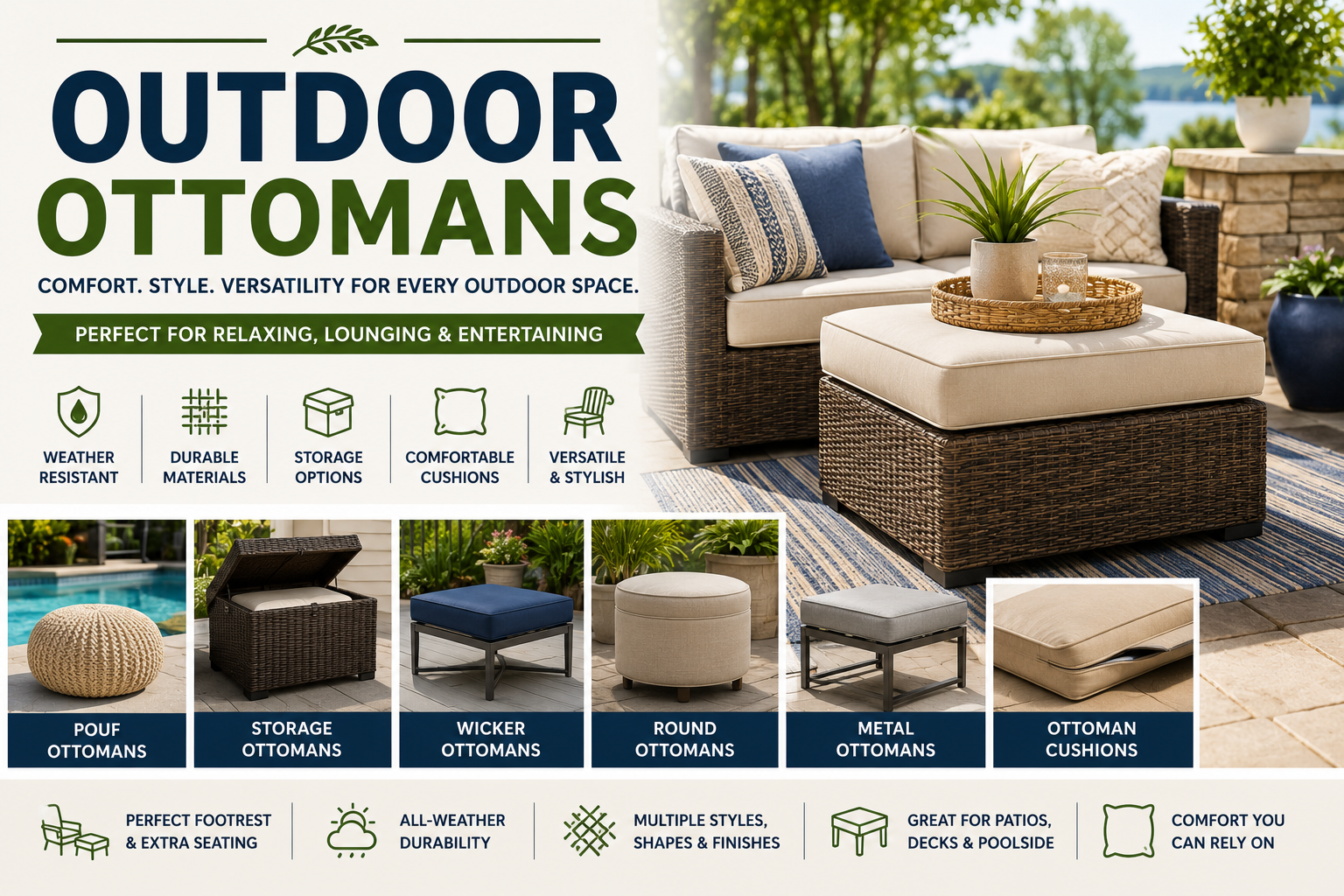 Outdoor Ottomans collection image featuring patio ottomans, outdoor pouf ottomans, wicker ottomans, storage ottomans, round outdoor ottomans, ottoman cushions, and patio footrests for outdoor seating areas.