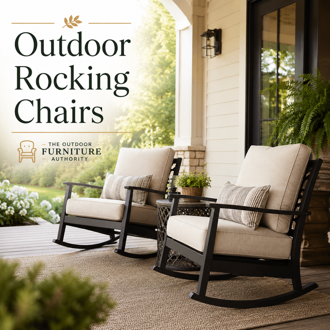 Outdoor rocking chairs collection image showing two cushioned patio rocking chairs on a covered porch with side table, garden view, and The Outdoor Furniture Authority logo.