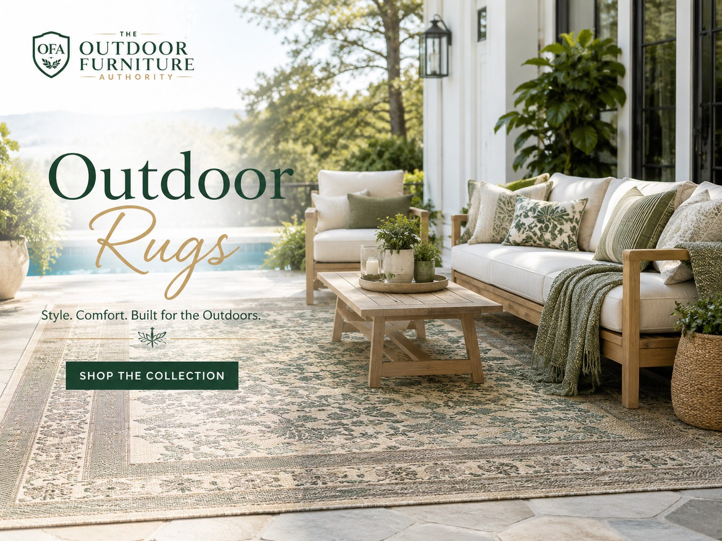 Outdoor rugs collection image showing a patterned patio rug under outdoor seating and a coffee table beside a pool, with cushions, greenery, and The Outdoor Furniture Authority logo.
