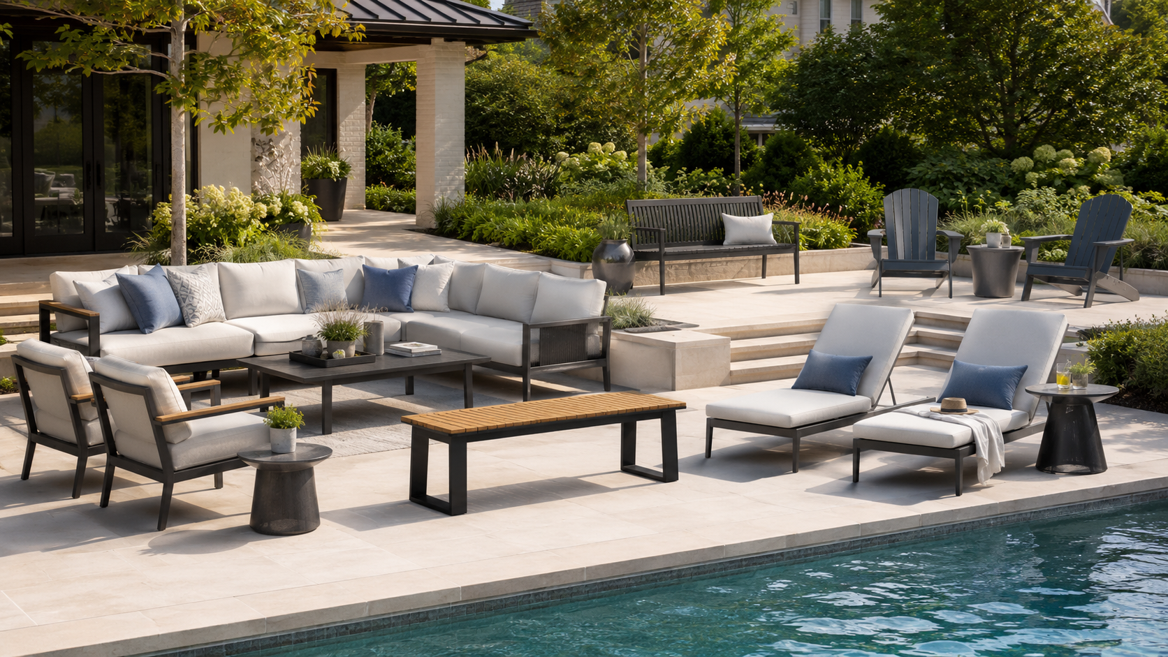 Outdoor seating collection image showing a luxury poolside patio with outdoor sectional sofa, lounge chairs, Adirondack chairs, patio bench, side tables, and backyard seating surrounded by greenery.