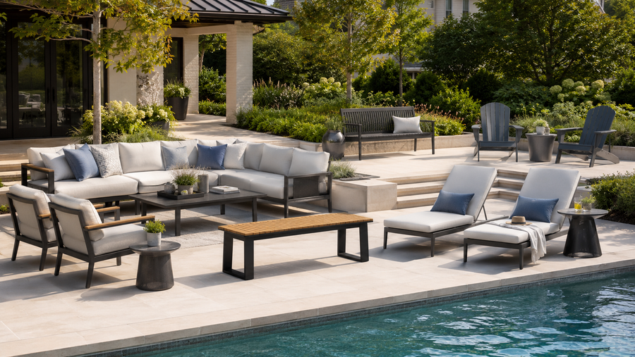 Outdoor seating collection image showing a luxury poolside patio with outdoor sectional sofa, lounge chairs, Adirondack chairs, patio bench, side tables, and backyard seating surrounded by greenery.