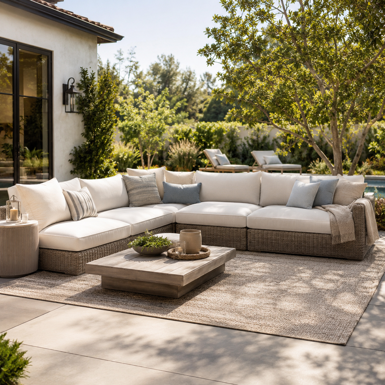 Outdoor sectionals collection image showing a cushioned wicker patio sectional sofa, outdoor coffee table, side table, lounge seating, poolside chairs, and backyard patio seating area.
