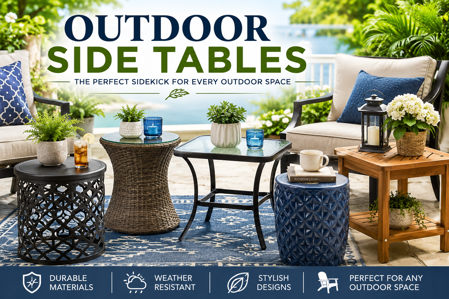 Outdoor Side Tables collection image featuring round outdoor side tables, metal patio side tables, wicker side tables, plastic outdoor tables, teak side tables, and small patio end tables for decks, porches, and backyard seating.