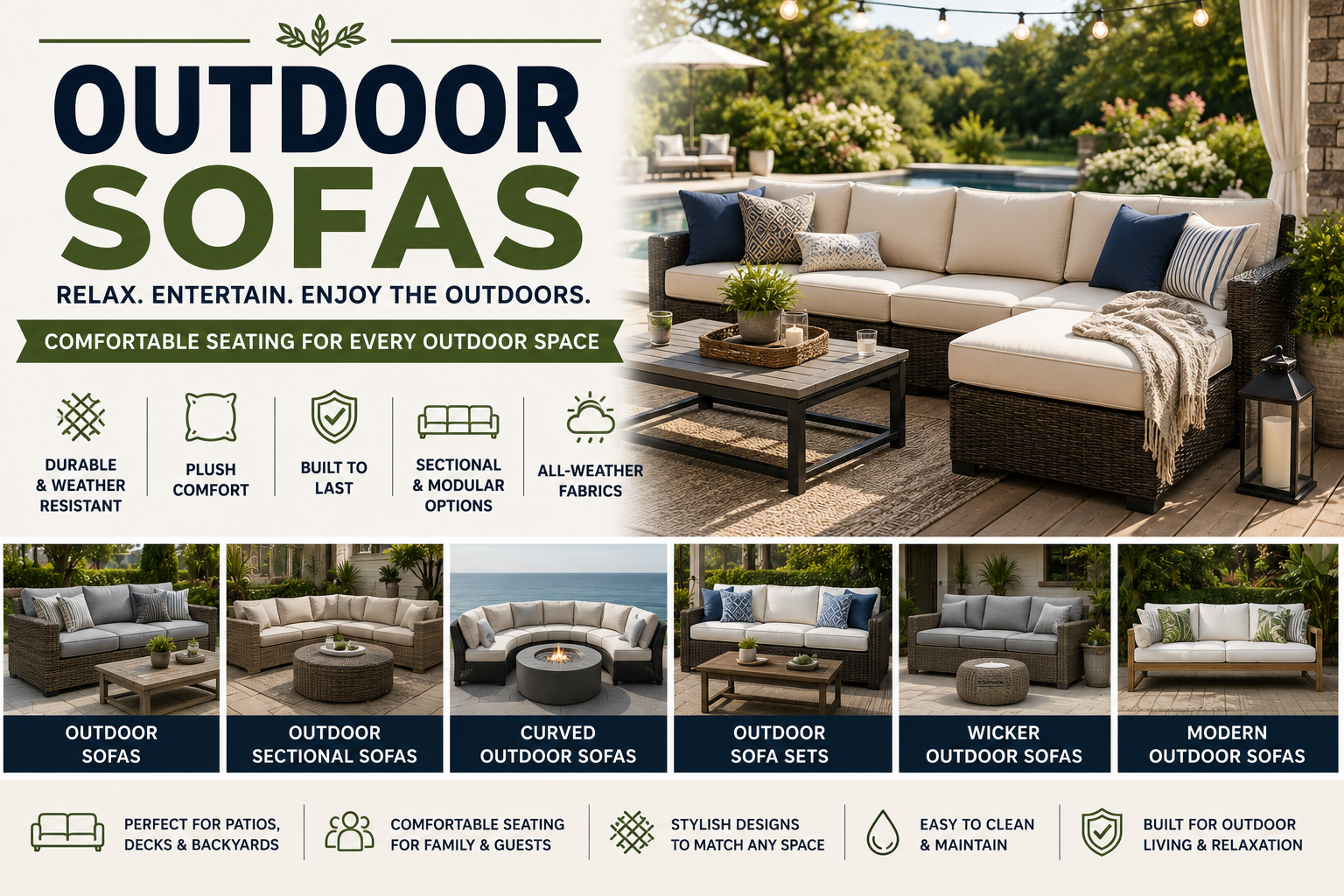 Outdoor Sofas collection image featuring patio sofas, wicker outdoor sofas, outdoor sofa sets, curved outdoor sofas, sectional sofas, corner sofas, sofa beds, cushions, and backyard lounge seating.