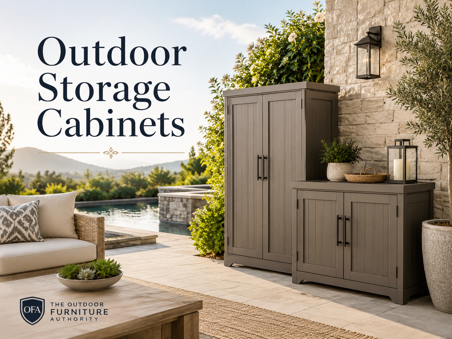 Outdoor storage cabinets collection image showing tall and low patio storage cabinets beside a poolside outdoor seating area with garden plants, stone patio, and The Outdoor Furniture Authority logo.