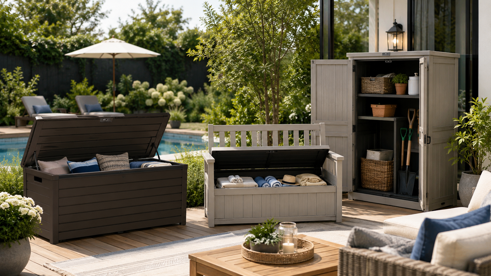 Outdoor storage collection image showing a backyard patio with deck box, storage bench, outdoor storage cabinet, cushion storage, pool towel storage, garden tools, and organized patio furniture setup.