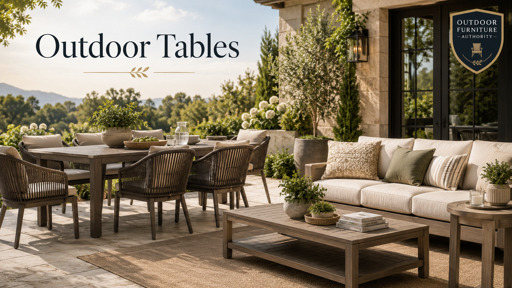 Outdoor tables collection image showing a luxury patio with outdoor dining table, patio coffee table, side table, cushioned seating, garden plants, and backyard dining setup.