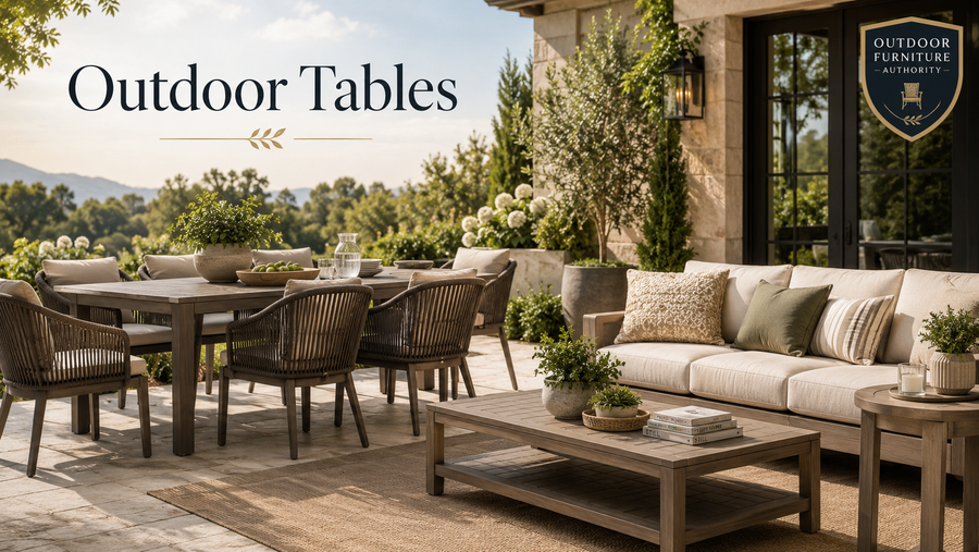 Outdoor tables collection image showing a luxury patio with outdoor dining table, patio coffee table, side table, cushioned seating, garden plants, and backyard dining setup.