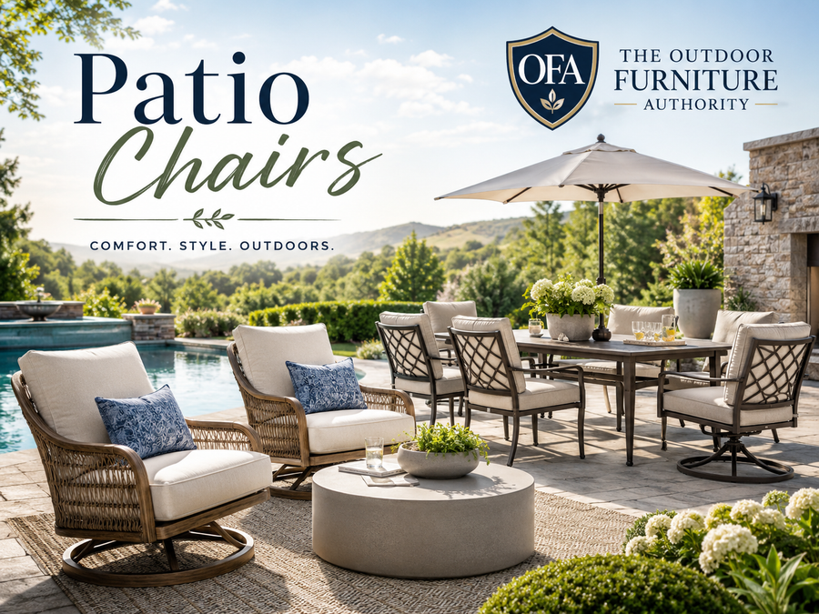 Patio chairs collection image showing cushioned outdoor lounge chairs, swivel patio dining chairs, patio table, umbrella, poolside seating, garden landscaping, and The Outdoor Furniture Authority logo.