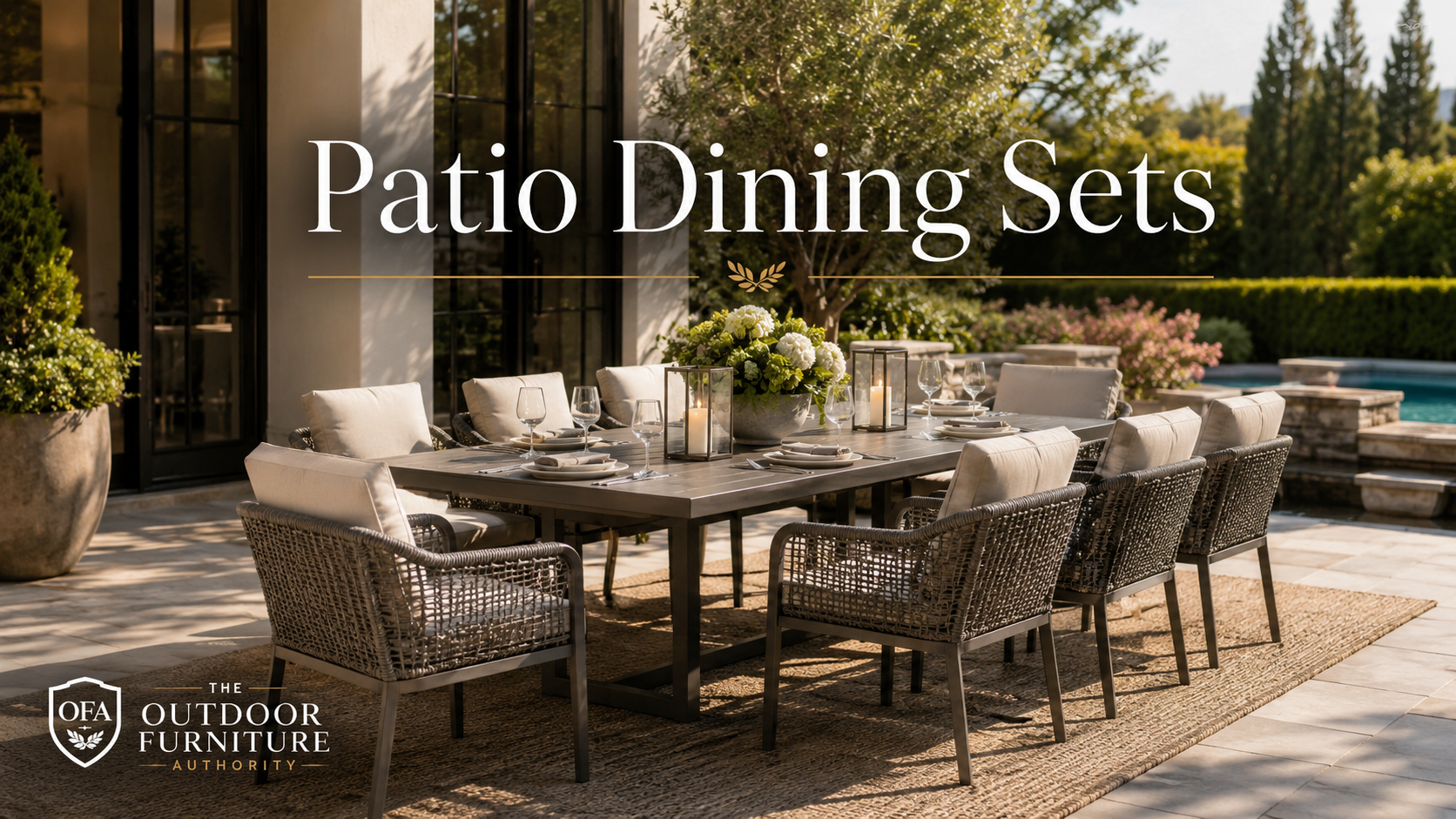 Patio dining sets collection image showing a luxury backyard outdoor dining table with cushioned patio chairs, poolside setting, garden landscaping, and The Outdoor Furniture Authority logo.