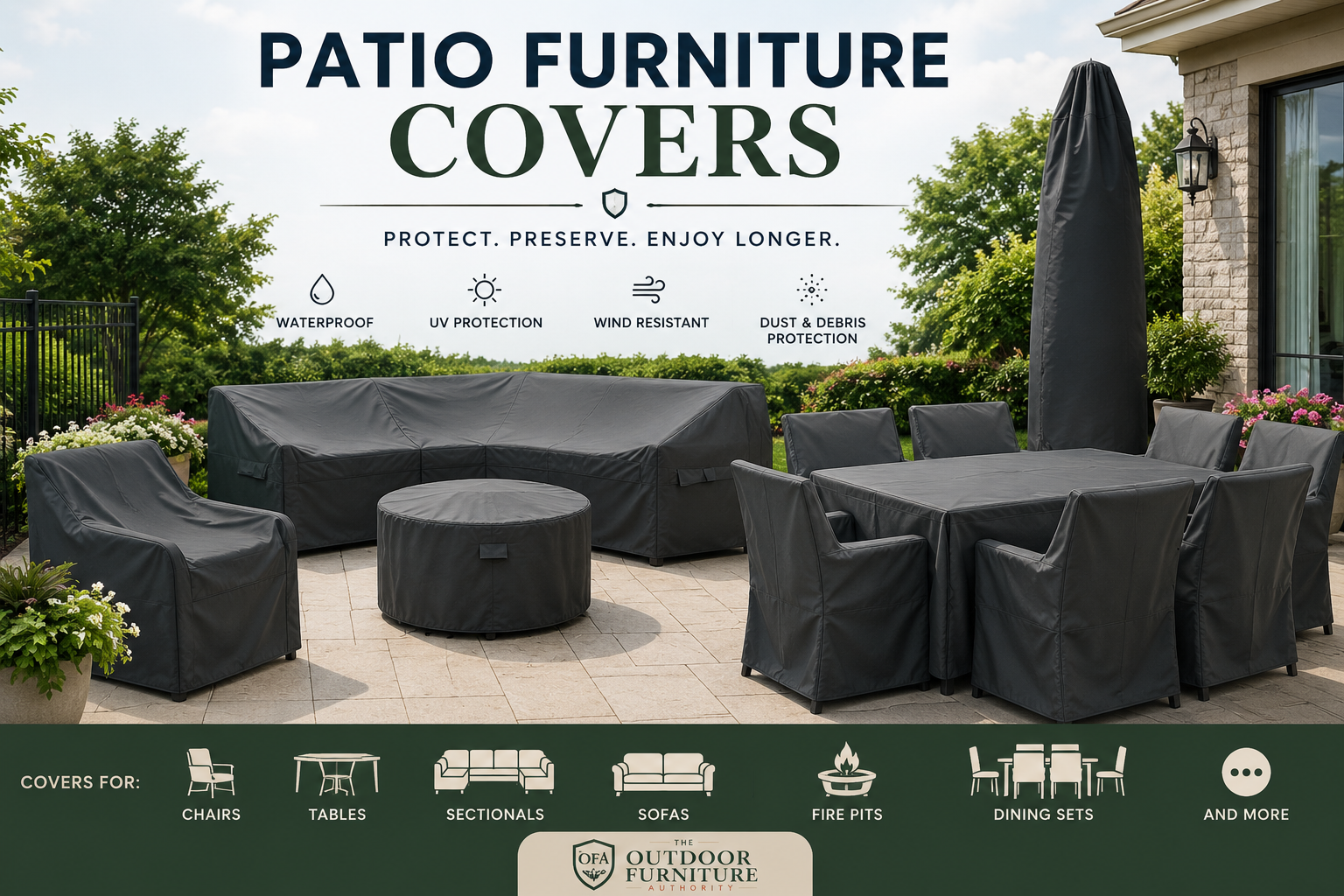 Patio furniture covers collection image showing covered outdoor chairs, dining set, sectional sofa, fire pit table, patio umbrella, and weather-resistant furniture covers with The Outdoor Furniture Authority logo.
