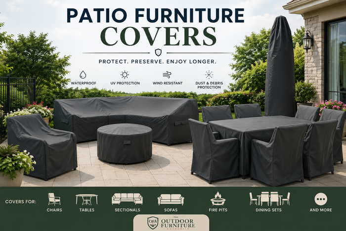 Patio furniture covers collection image showing covered outdoor chairs, dining set, sectional sofa, fire pit table, patio umbrella, and weather-resistant furniture covers with The Outdoor Furniture Authority logo.