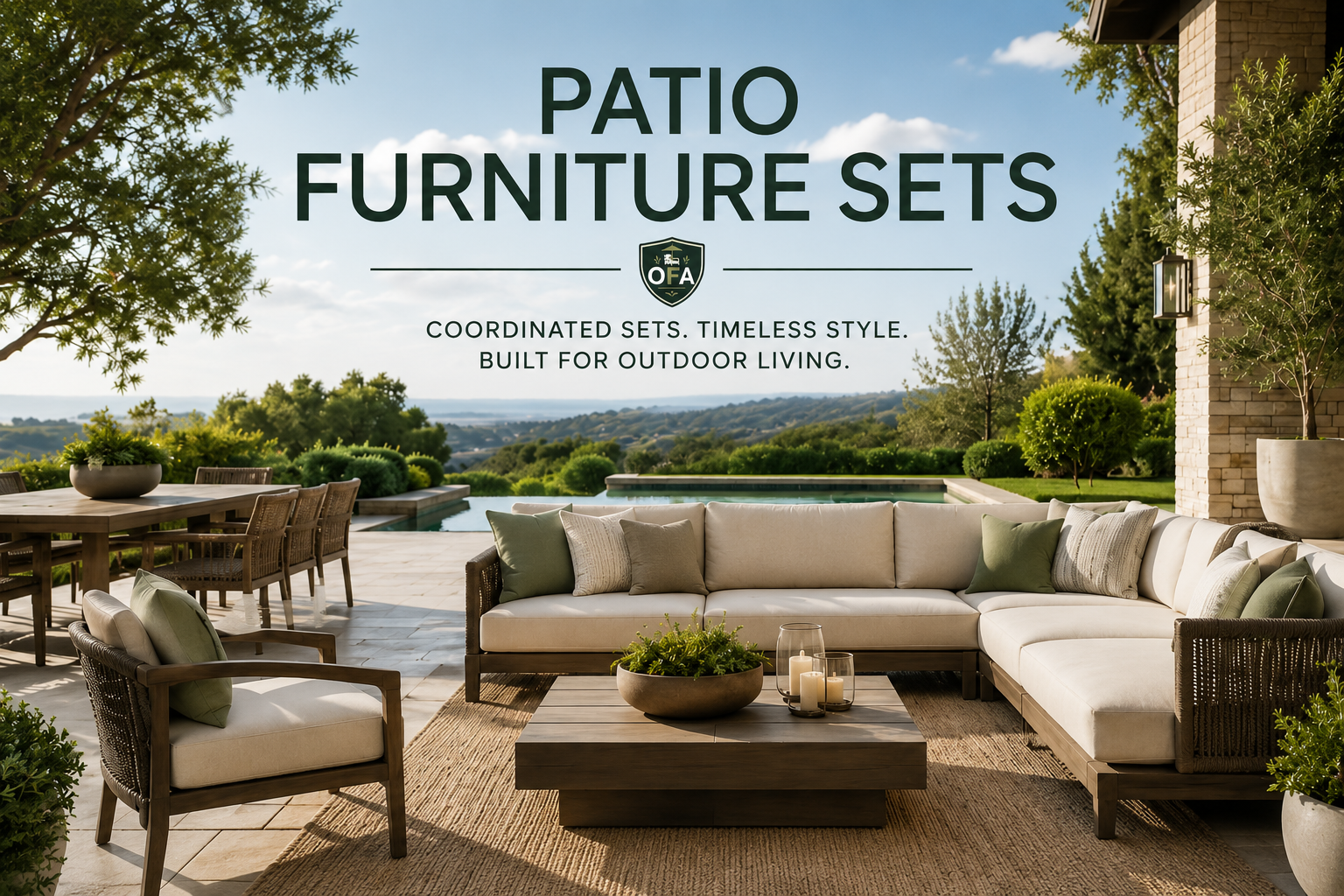 Patio furniture sets collection image showing an outdoor sectional sofa, lounge chair, coffee table, patio dining set, poolside backyard, and coordinated outdoor seating for patio living.