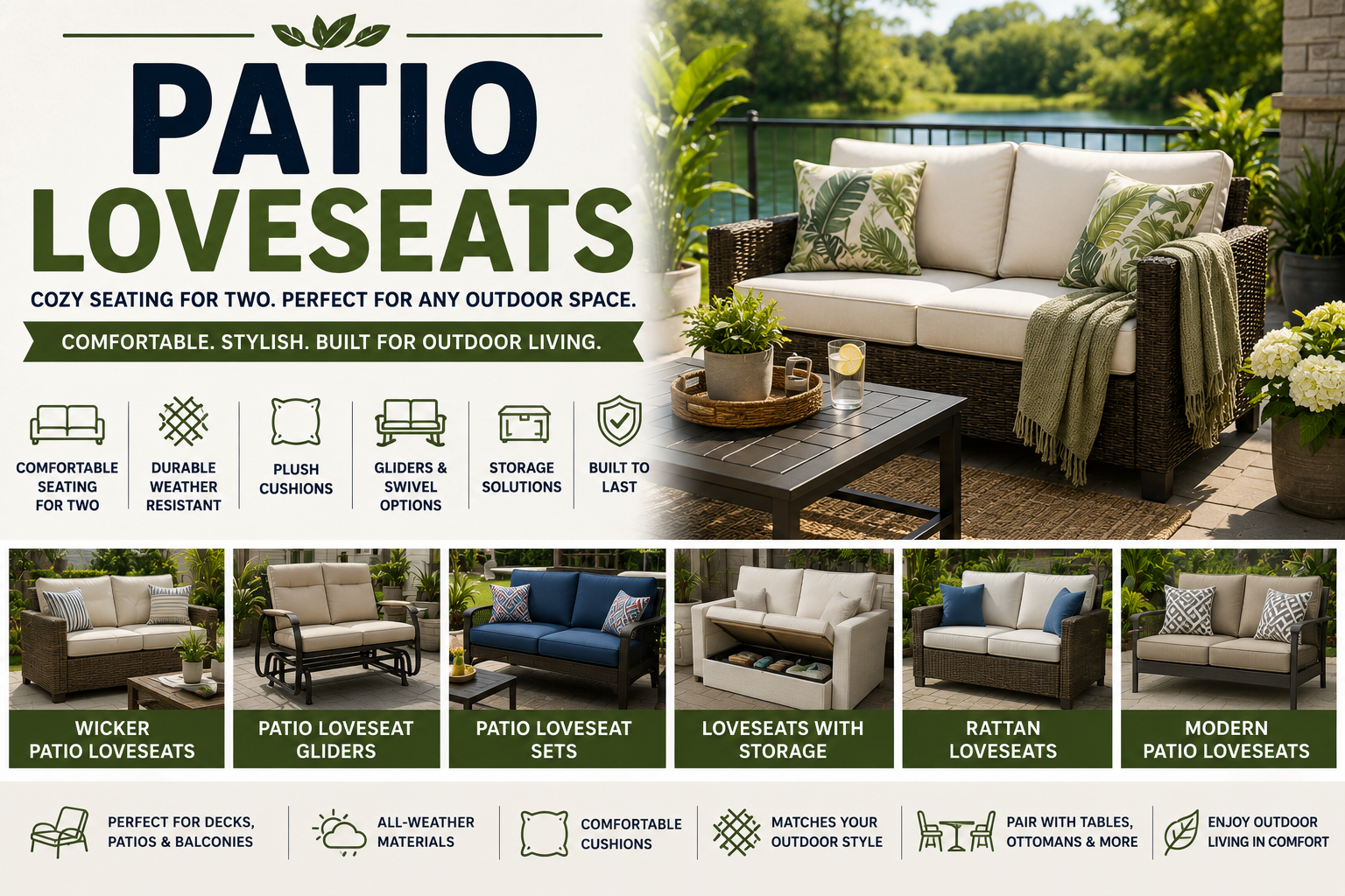 Patio Loveseats collection image featuring outdoor patio loveseats, wicker patio loveseats, patio loveseat gliders, patio loveseat sets, loveseat cushions, storage loveseats, and outdoor lounge seating.