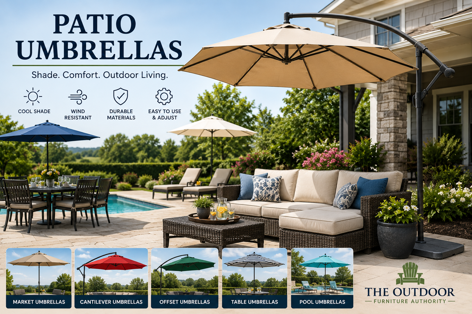Patio umbrellas collection image showing market, cantilever, offset, table, and pool umbrellas shading outdoor seating, poolside lounge chairs, patio dining set, and backyard furniture with The Outdoor Furniture Authority logo.
