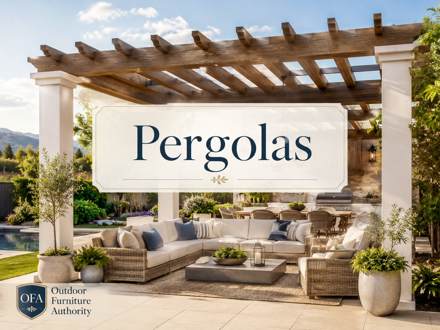 Pergolas collection image showing a backyard patio with wooden pergola, outdoor sectional seating, coffee table, poolside landscaping, shaded lounge area, and The Outdoor Furniture Authority logo.